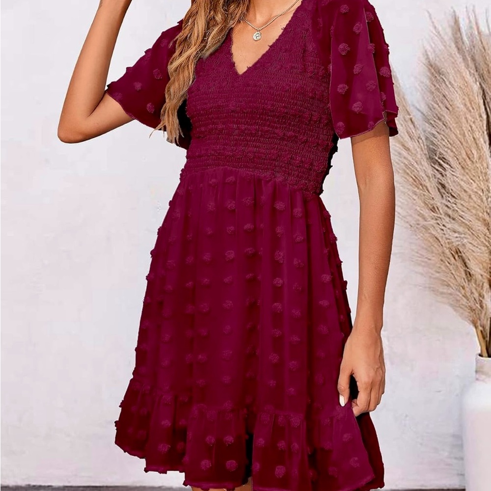 Red Swiss Dot Burgundy Sundress w/ Flutter Sleeves and V-Neck for Wedding Guest - Picture 8 of 8